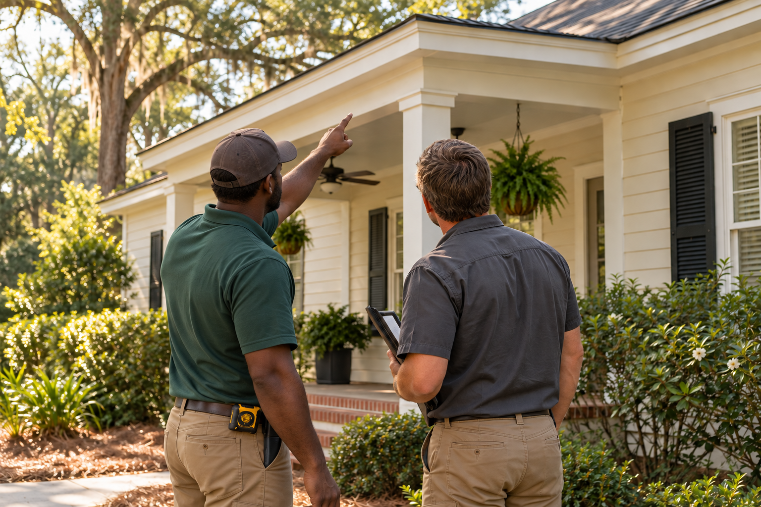 Two home maintenance contractors discussing a repair